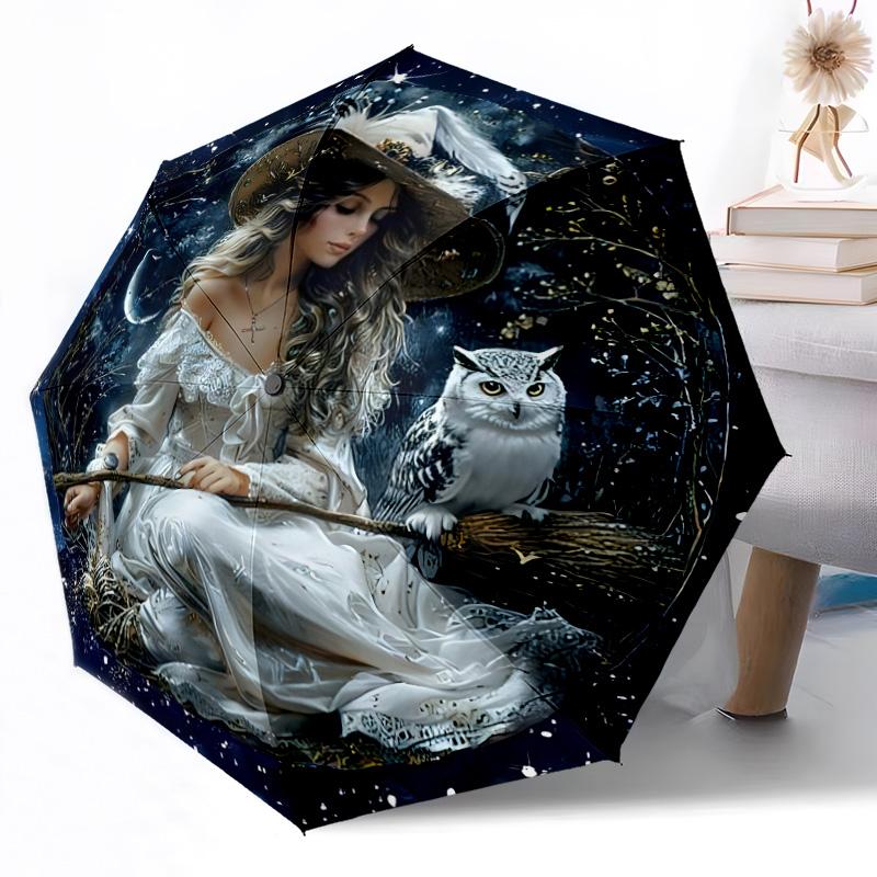 Hexe auf Besen bei Nacht Tragbarer Automatischer Regenschirm Faltbarer Regenschirm mit 8 Speichen Langlebiger Kunststoff & Eisen für Damen/Herren Eleganter Damenschirm