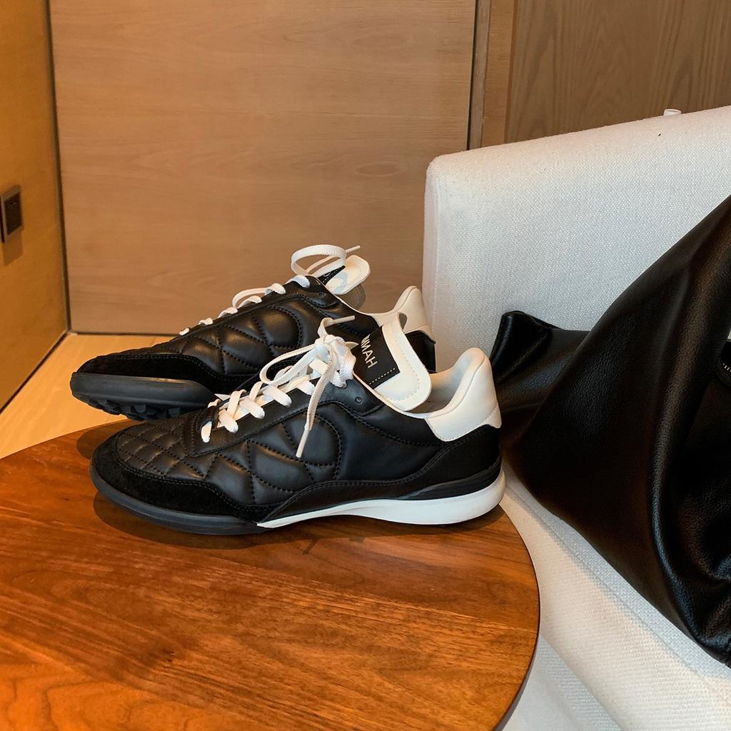 Sheepskin version~ genuine leather Xiaoxiangfeng thick-soled rhombus casual sports shoes women's versatile running shoes little white shoes board shoe