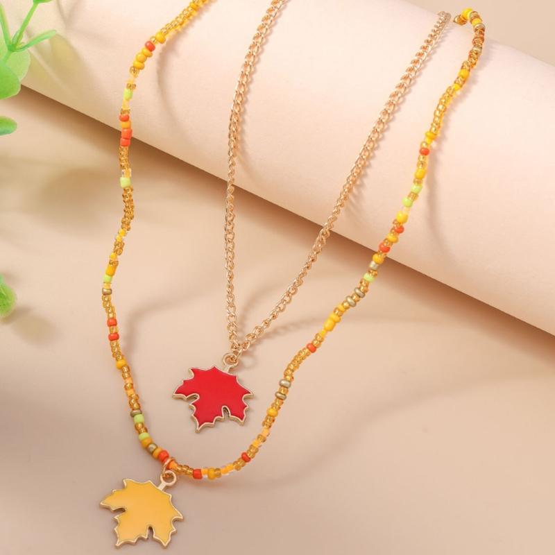 Fashionable Maple Leaf Pendant Necklace Crystals Autumn Leaves Jewelry for Women with Dainty Double Layer Designs