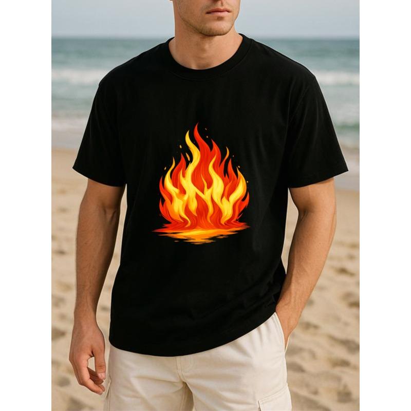 

European sizes Flame Pattern, Edgy and Unique Style Fashionable Printed Cotton T-shirt, Short-sleeved Top, Versatile Casual Style 4XL чорний