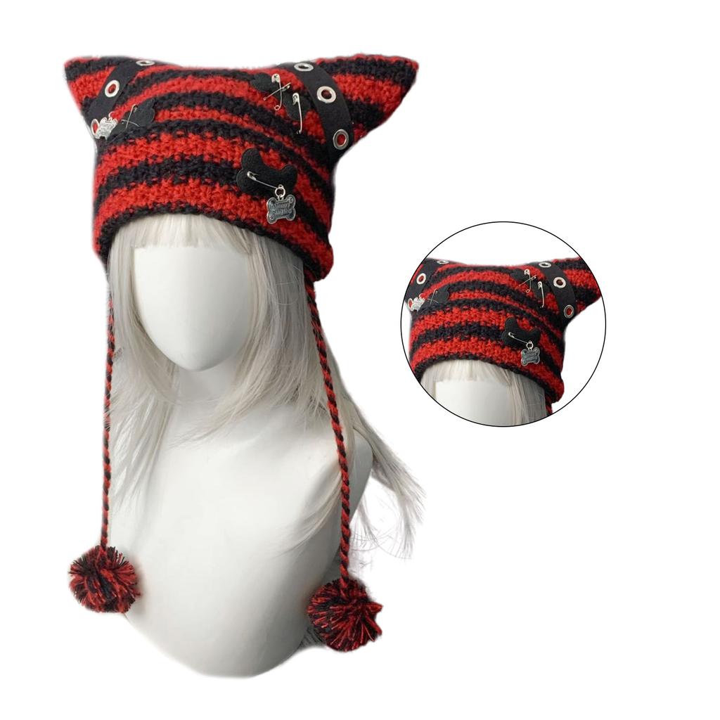 Cat Ear Striped Hat Subculture Streetwear Knitted 2000s Girls Winter Crocheted Hats Cool Photo Props Y2K GIRL