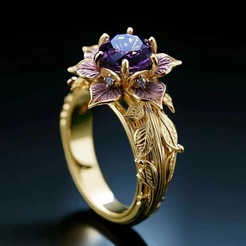 Huitan Two Tone Women Ring Flower Design Luxury Wedding Inlaid Sparkling Purple CZ Party Accessories Fashion Lady Jewelry Gift