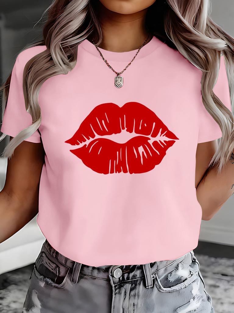 Red Lip Print Pattern Sexy Lips Design Suitable for Printed Decoration Print Crewneck Shortsleeve Tshirt Unisexs Comfortable