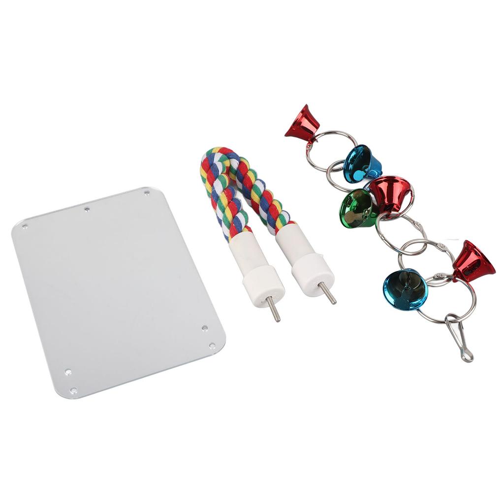 Bird Mirror Toy Colorful Chewing Standing Parrot Perch Mirror with Bell String for Parakeets