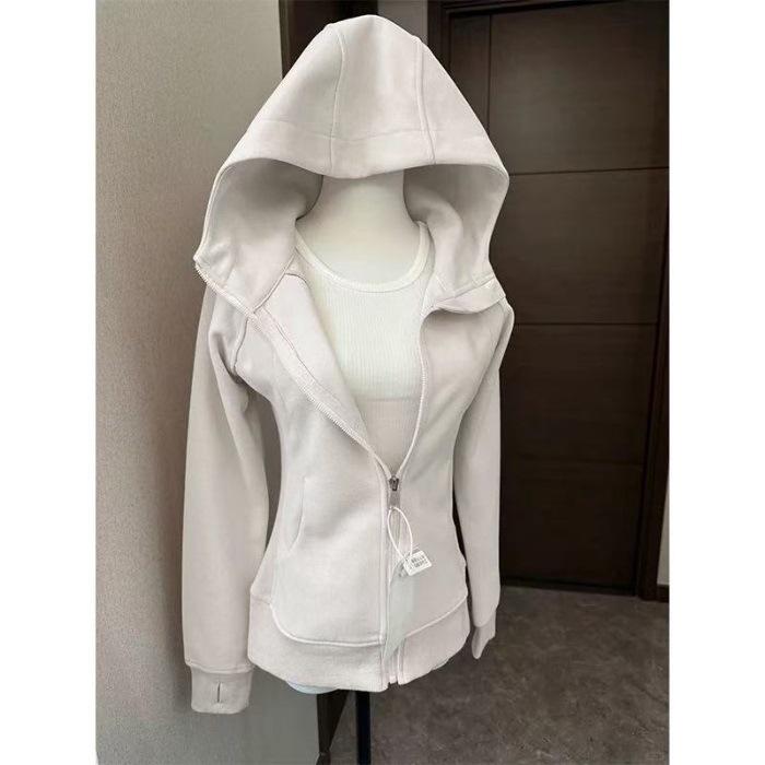 Versatile Slim-Fit Korean-Style Hoodie Jacket, Fashionable Dropped Shoulder Hooded Top for Early Spring. M