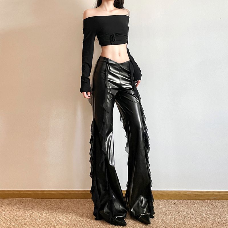 Leather Flared Pants High Waist Street Fashion Sexy Mesh Patchwork Design PU Leather Bootleg Pants