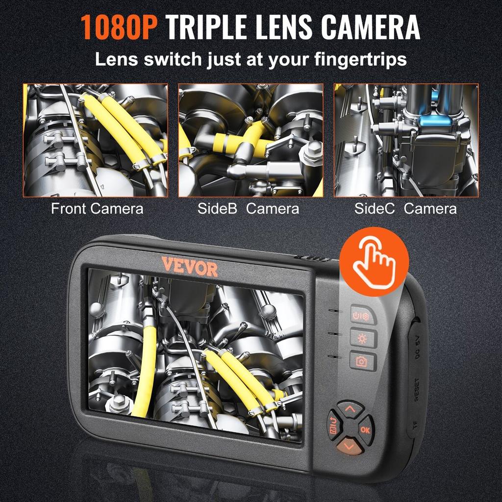 Triple Lens Endoscope Camera, 4.5" IPS Screen Borescope Inspection Camera with 1080P Lens, Semi-rigid Snake Cable, 8 Lights, 2860 mAh Battery,