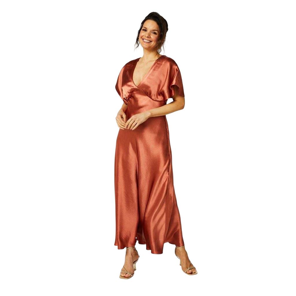 Biba Damen Satin Figurbetontes Maxikleid mit Engelsärmeln