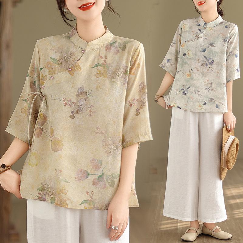 

Summer vintage printed shirt with glass buckle and lace up shirt feminine top 2XL хакі