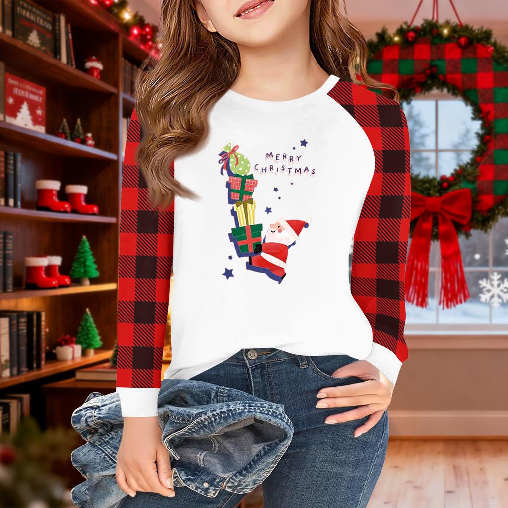 Girls Long Sleeve Christmas Day T Shirts Kids Fall Tops Crewneck Basic Tees 5-14Y