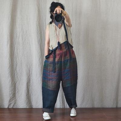 Women Plaid Long Pants Fashion Casual Patchwork Summer Button Loose Vintage Wide Leg Pants