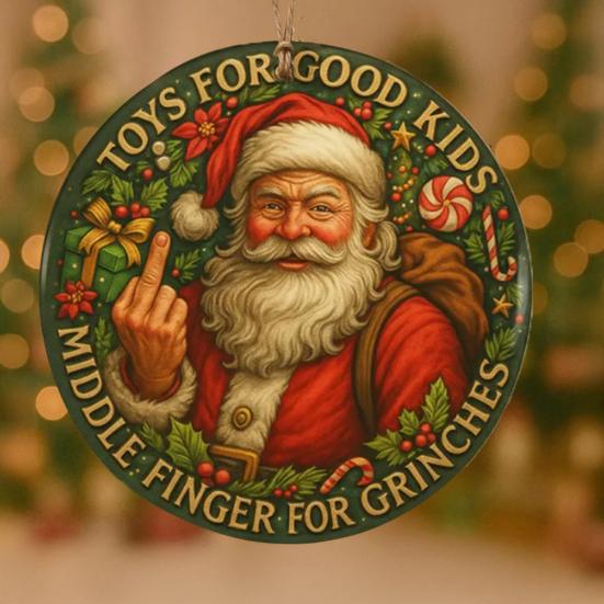 Funny Middle Finger Santa Christmas Ornament Naughty Acrylic Christmas Tree Hanging Ornaments for Window Wall Fireplace Home Tree Decor