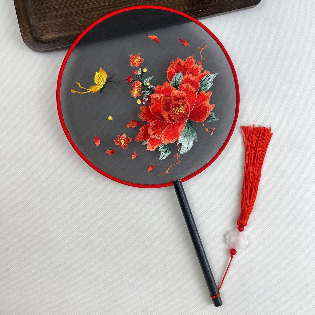 Ancient Chinese Round Hand Fan: Suzhou Double-Sided Embroidery with Peony Design for Hanfu Dance