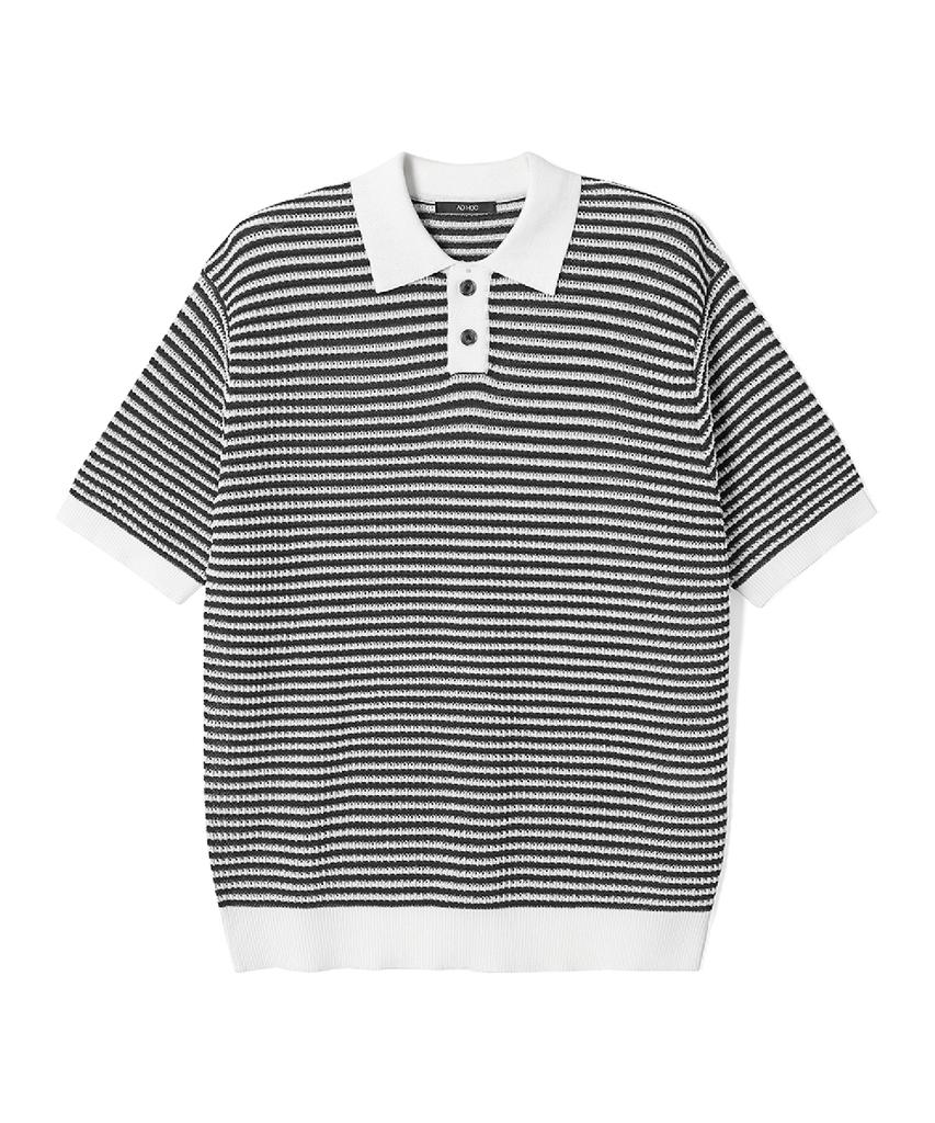 ADHOC Men'S Striped Short Sleeve Collared Knit (Black) (Hc4Sk03)
