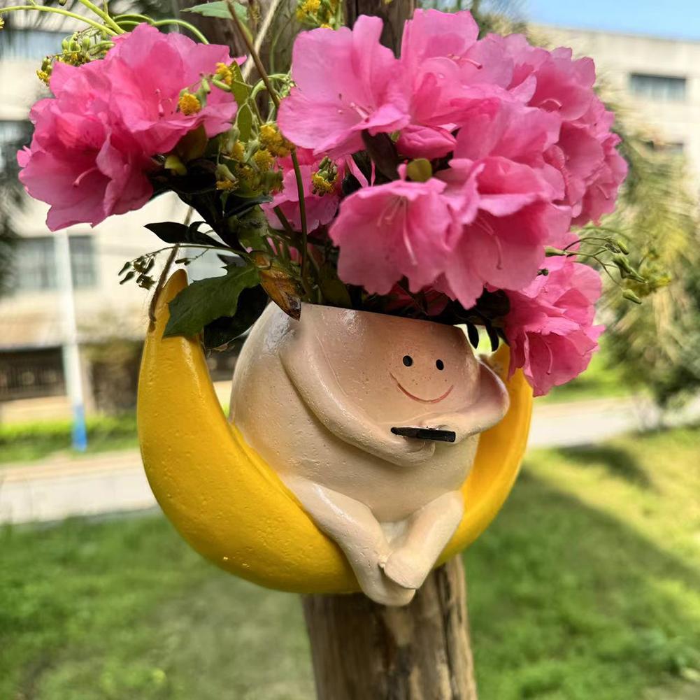 Cute Hanging Planter Pot Resin Hanging Swing Chair Planter Creative Smile Face Flower Container for Indoor Outdoor Plant Holder