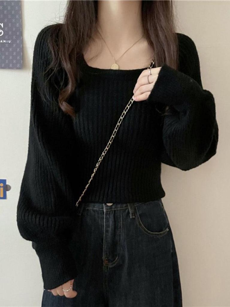 2023 Autumn Women's Versatile Soft Knit Sweater - Square Neck Long Sleeve Top