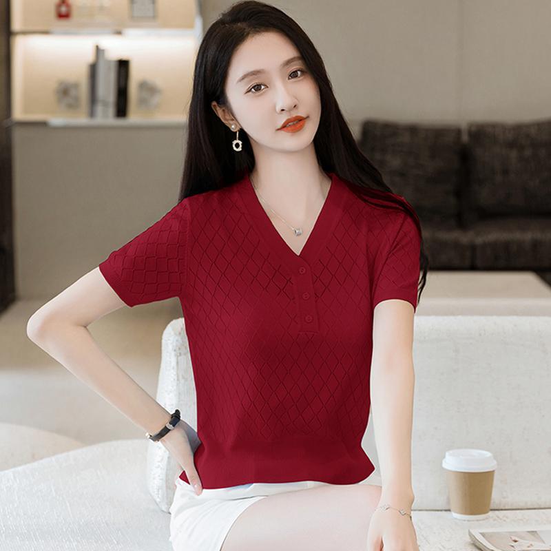 V-neck Ice Silk Short Sleeve T-Shirt Women Summer New Fashion Slim Fit Hollow Out Knitted  Short Top
