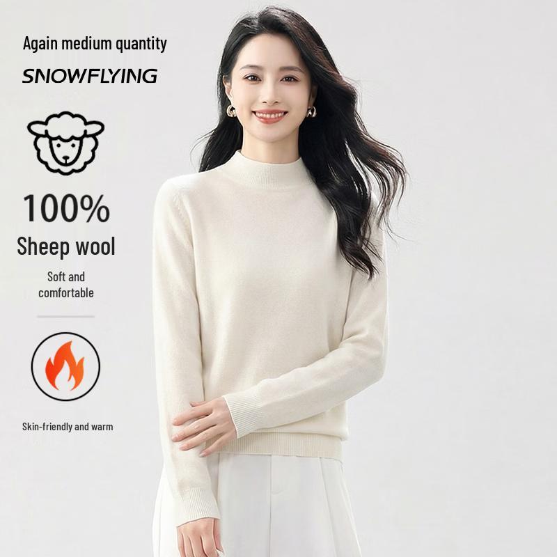 SNOWFLYING Women's Semi-High Neck 100% Pure Wool Pullover Sweater