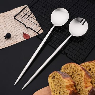 2-teiliges Salat-Service-Set Mattes Silber Besteckset Löffel Gabeln Langer Griff Große Gabel Edelstahl Essens-Server-Set