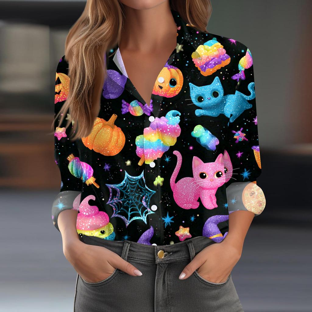 Damen Halloween Bedrucktes Lässiges Halbgeöffneter Kragen Langarmhemd