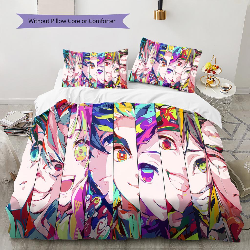 Demon Slayer Anime Pattern Bedding Quilt Set Quilt Cover Pillowcase Home Birthday Gift(1 * duvet cover + 2 * pillowcase, without core)