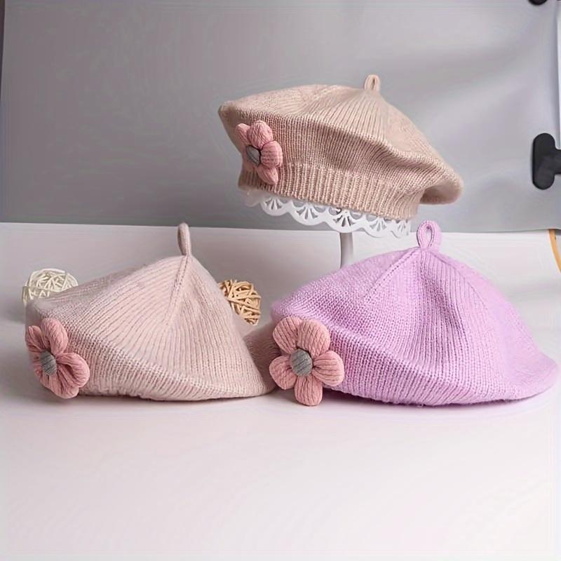 Λουλούδι Baby Beret Καπέλο Χειμερινό Ζεστό πλεκτό καπέλο Beanie για βρέφη κοριτσάκια Κορεάτικη Πριγκίπισσα νηπίων Καλλιτέχνης Μονόχρωμα καπέλα ζωγραφικής