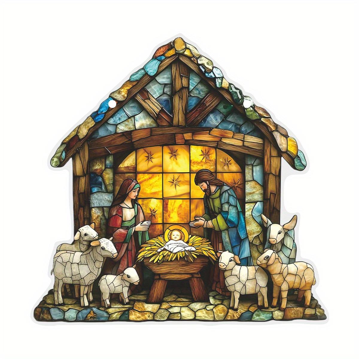 

1pc 2D Handmade Sun Catcher Stained Acrylic Nativity Scene Suncatcher Window Hanging Ornament for Home Deco Christian for Family