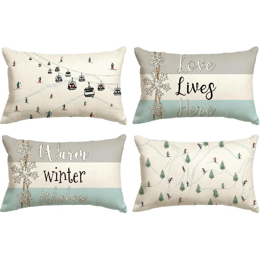 AVOIN colorlife Winter Skiers Cable Cars Snow Throw Pillow Covers, 16 x 16 Inch Warm Winter es Love Lives Here Seasonal Holiday Cushion Case
