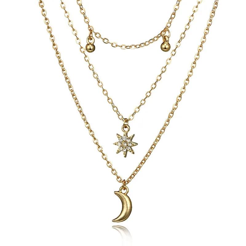 New Boho Vintage Multi Layered Crystal Pendant Necklaces for Women Luxury Gold Color Moon Cross Star Choker Chains Party Jewelry