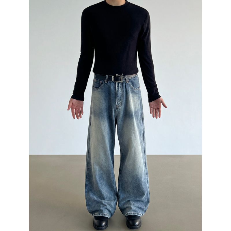 Blaexit American-Style Cleanfit Washed Light Blue A-Line Wide-Leg Jeans for Men, Straight-Leg Slightly Flared Vibe Pants