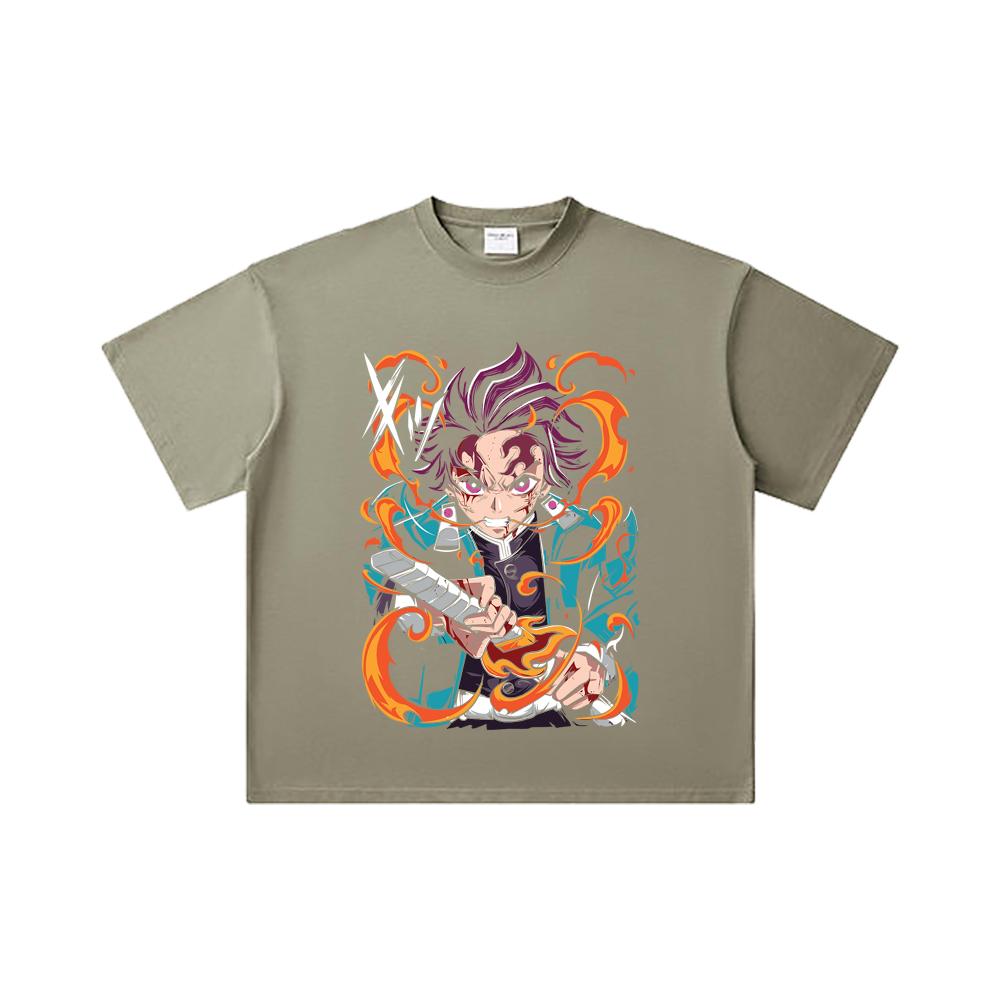 260 GSM Double Yarn 32 Count 100% Cotton Demon Slayer V64 Tanjiro Fire Breathing Print Unisex Heavy Cotton T Shirt