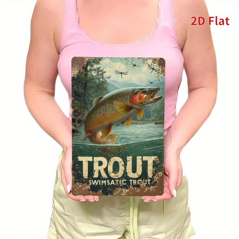2D Flat, Fun and Inspiring Quotes, Retro Rectangular Iron Metal Wall Art- Trout Jumping Pattern, Retro Design, Country Home and