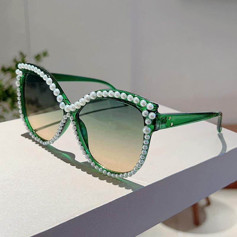 Chic Pearl Shiny Trends Shades Women Fashion Cat Eye Gradient Sunglasses Oversize Decor Outdoor Pink Sun Glasses