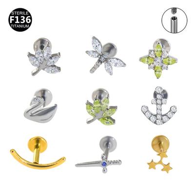 F136 Titanium Boat Anchor Pendant with Moon, Maple Leaf, Smiley Charm, and Cubic Zirconia Stud Earring Lip Ring (0.9 Gauge).