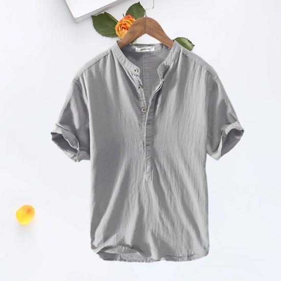 Pánská košile s krátkým rukávem se stojáčkem, knoflíky, poloviční légou, nežmolkující, letní, ležérní, jednobarevná, tenká košile, denní oděv