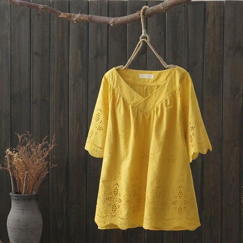 

Summer V Neck Cotton Shirt Loose Crochet Artsy Yellow All yards