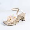 Women's square head stone pattern three-dimensional flower solid color thick heel sandals women's shoes elegant beige high heels