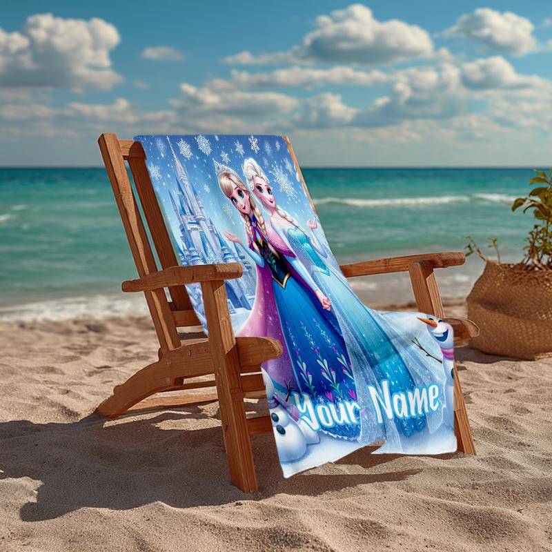 Custom Name Ultra-Soft Beach Towel with Elsa Theme,Ideal for Pool - Camping, Diving - Perfect Travel Essential, Vibrant Beach Towel.