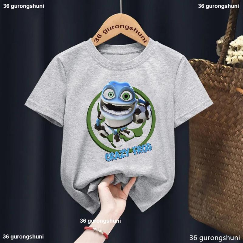 Nové tričko pro kluky/holky Vtipný kreslený potisk Žába, Dětská móda Trendy oblečení pro kluky Bílé s kulatým výstřihem Dětské tričko Top 1-13