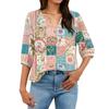 Women’s Fashion Printed Patchwork Cotton Linen Henley Shirt with Button Front and Three Quarter Sleeves Relaxed Fit Top