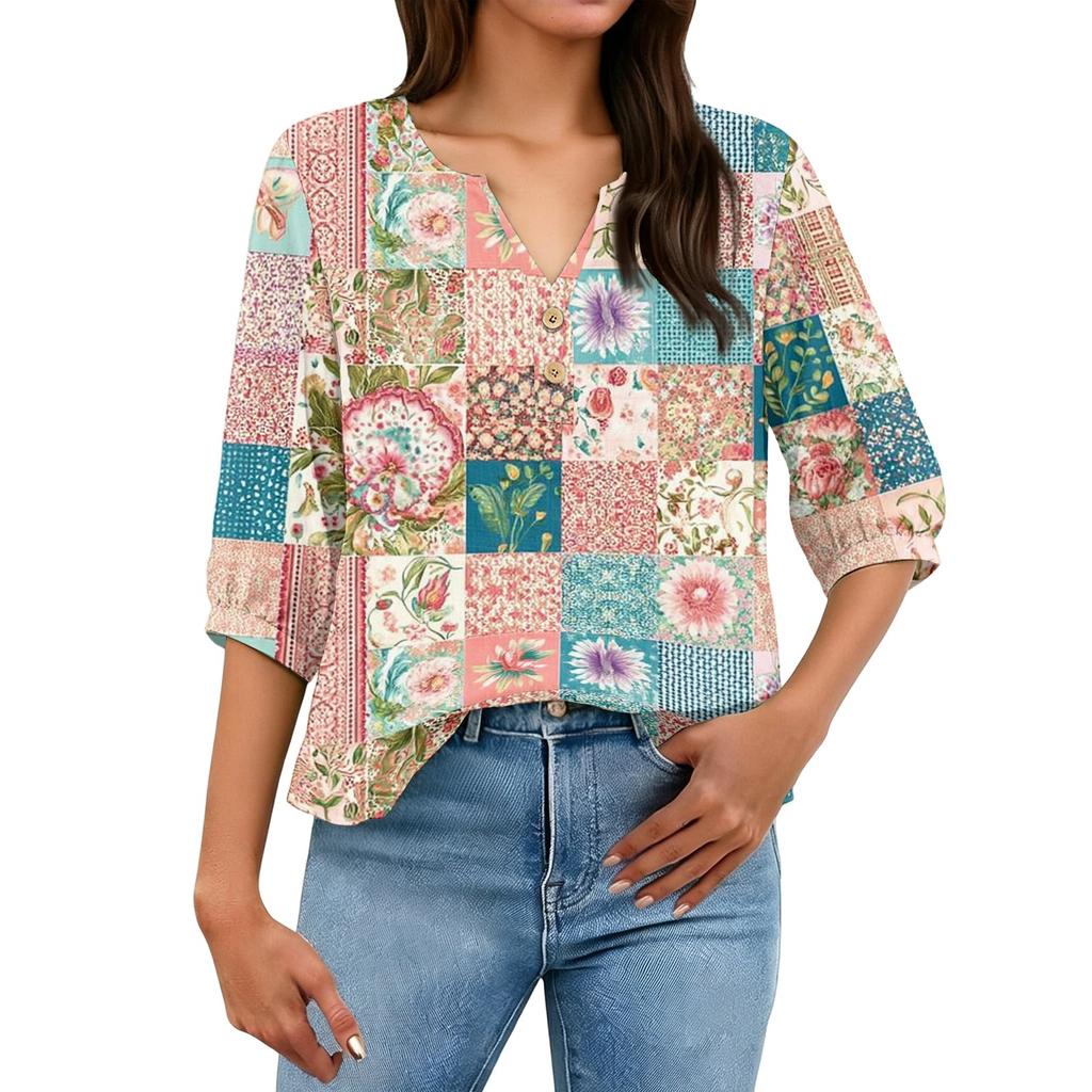 Women’s Fashion Printed Patchwork Cotton Linen Henley Shirt with Button Front and Three Quarter Sleeves Relaxed Fit Top