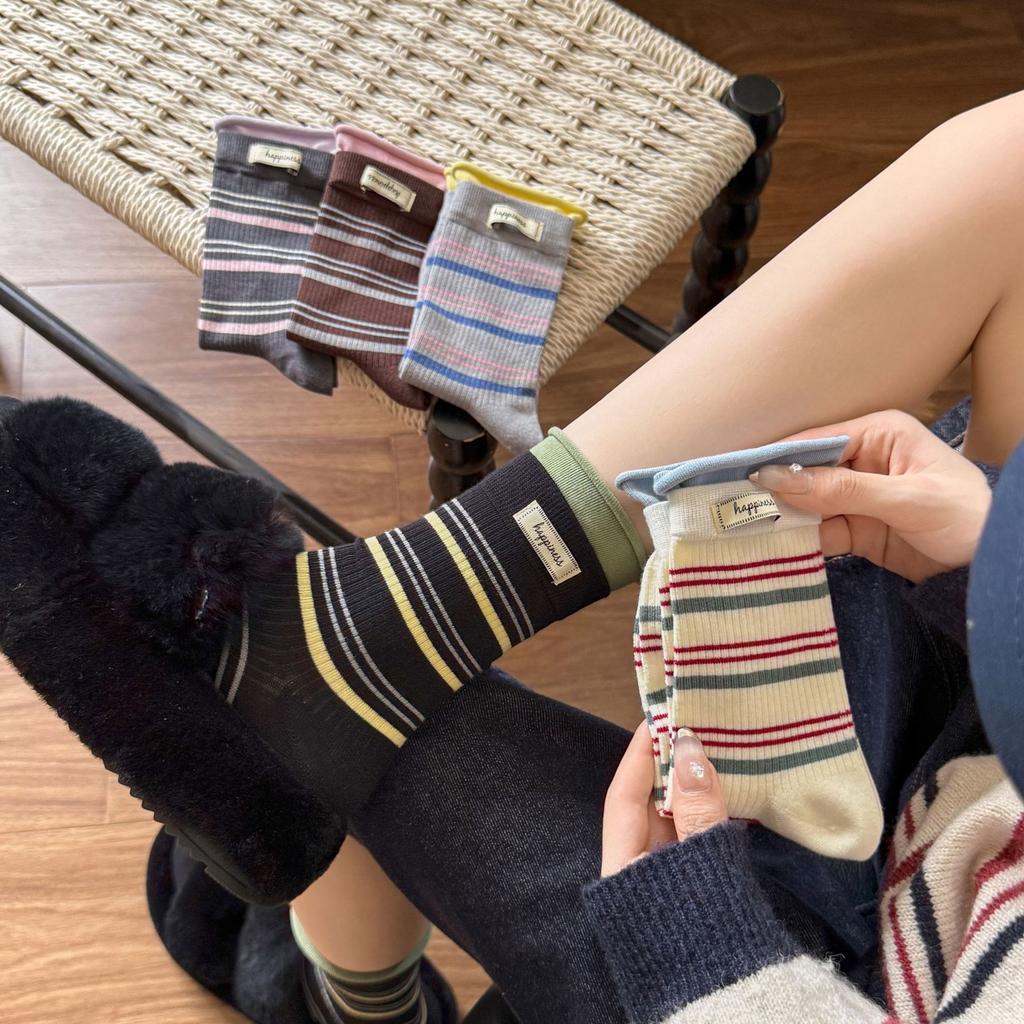 Women's New Fall Curled Striped College Windpipe Stack Socks