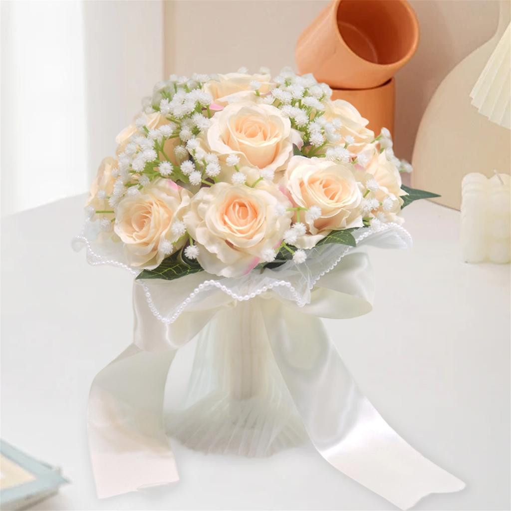 Elegant Bridal Bouquet with White Roses and Baby s Breath adorned with Pearls - Artificial Handheld Wedding Floral Arrangement