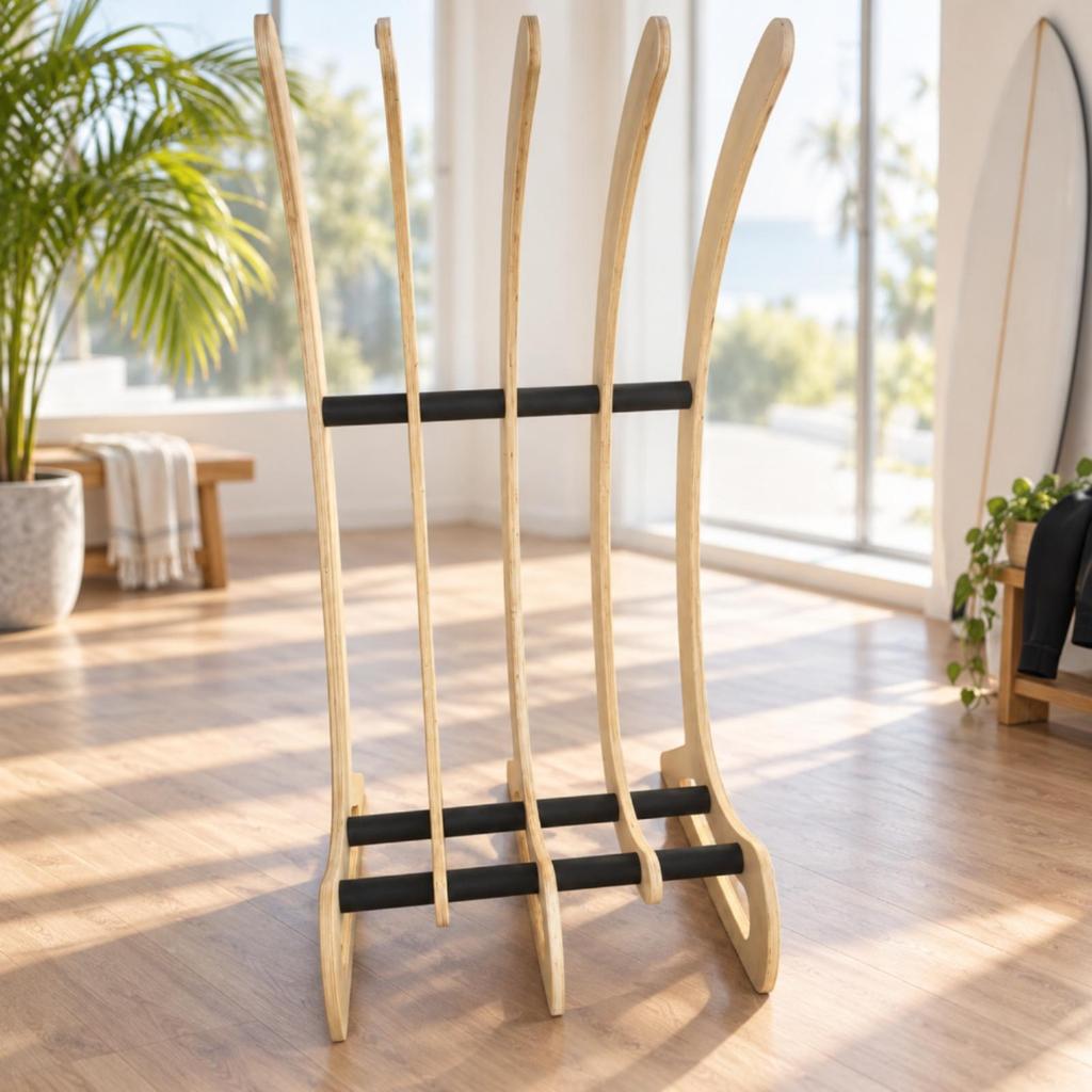 Surfboard Storage Rack with Padding Wood Finish Multi-Compartment Board