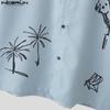 INCERUN Oversized Men Shirts Lapel Short Sleeve Cartoon Print Casual Tops