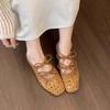 Fashion 2025 Summer Women's French Style Woven Hollow Out Cool Slippers Bow Design Elegant Single Shoes Increased Height Inside Sandals