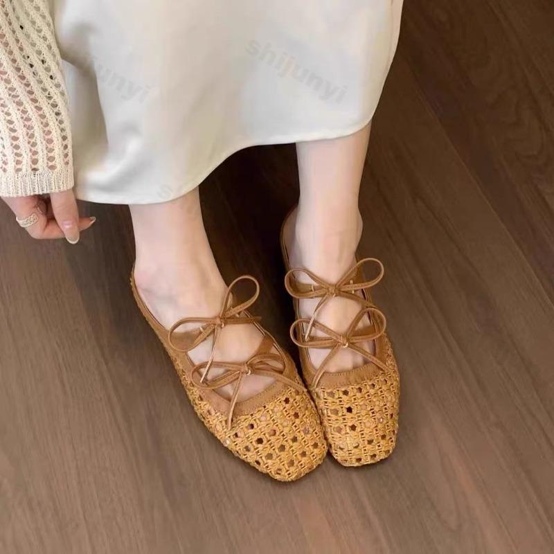 Fashion 2025 Summer Women's French Style Woven Hollow Out Cool Slippers Bow Design Elegant Single Shoes Increased Height Inside Sandals