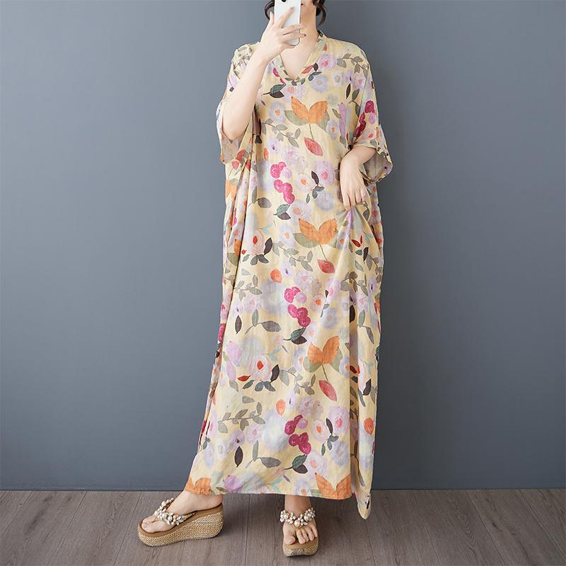 

Dimanaf 2025 Летнее женское льняное платье большого размера с цветочным принтом, длинное, с коротким рукавом, винтажное, повседневное, с V-образным вырезом, базовое, свободного кроя One Size жёлтый