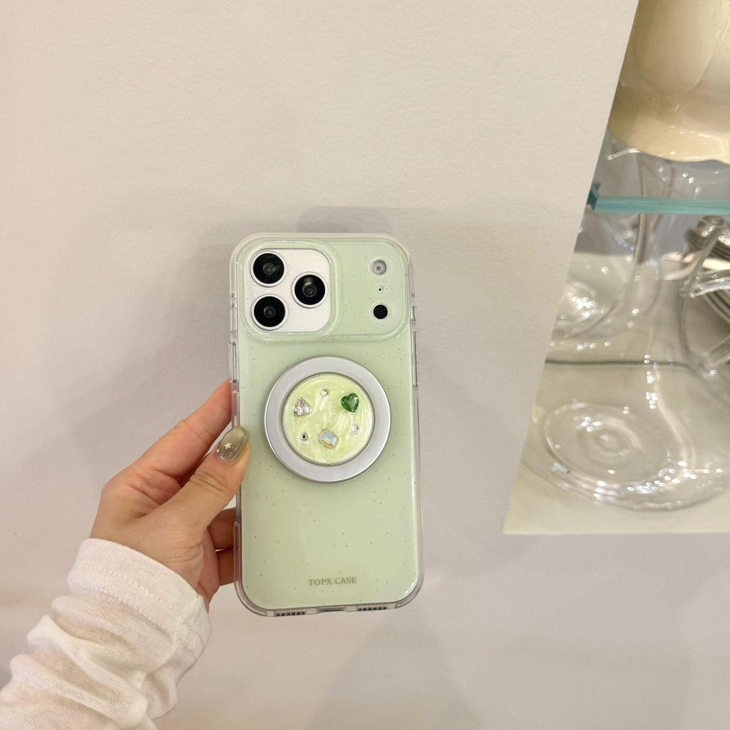 Minimalist Green Ink Splash Case with Gemstone Holder for iPhone 17 Pro Max/16/15/14