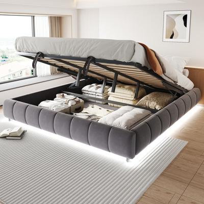 Upholstered Bed 180 X 200 Cm, Without Headboard, with LED Light Strip (Single Color), Hydraulic Floating Bed Frame with Storage Space, Teen Bed, Grey